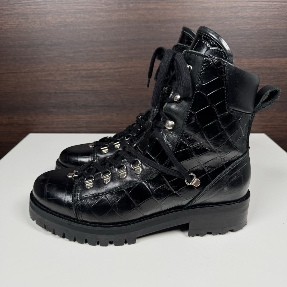 AllSaints Frank Croc Leather Hiking Boots Black Leather EU 39 - US 9
